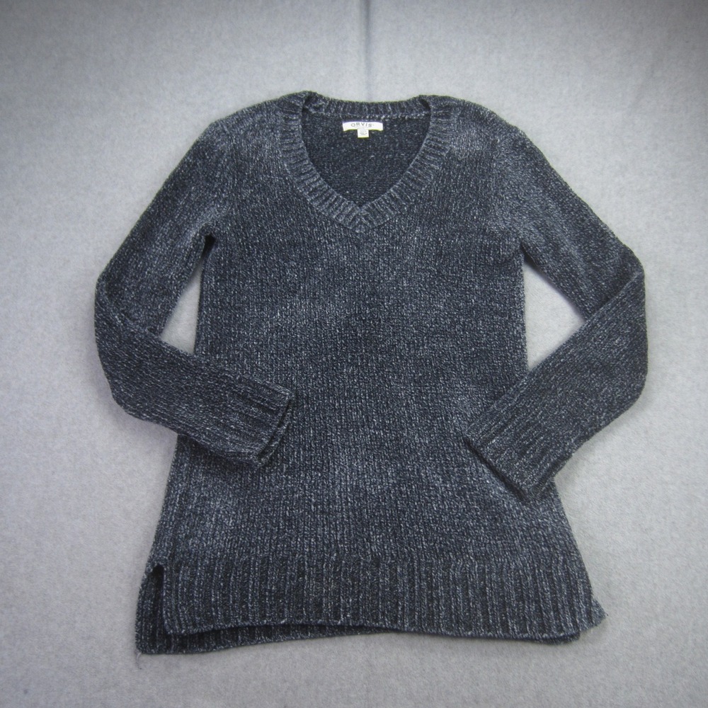 Orvis Sweater Womens Small Gray‎ Marled V-Neck Chenille Knit Pullover